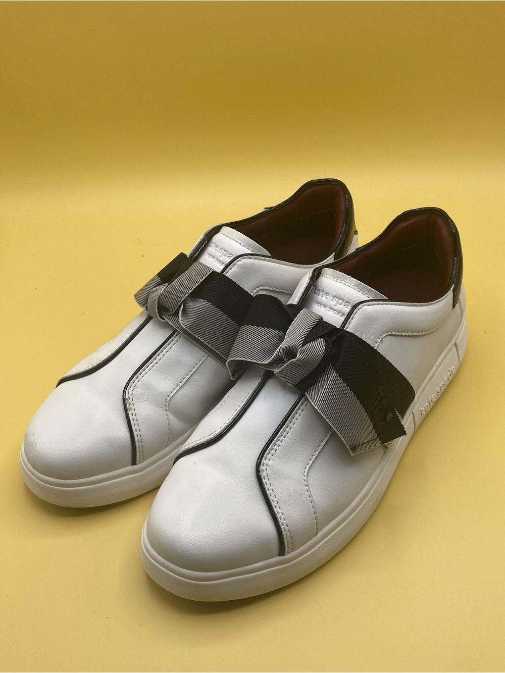 kate spade White Leather Sneakers with Black and Gray Ribbon Bow - Picture 4 of 4